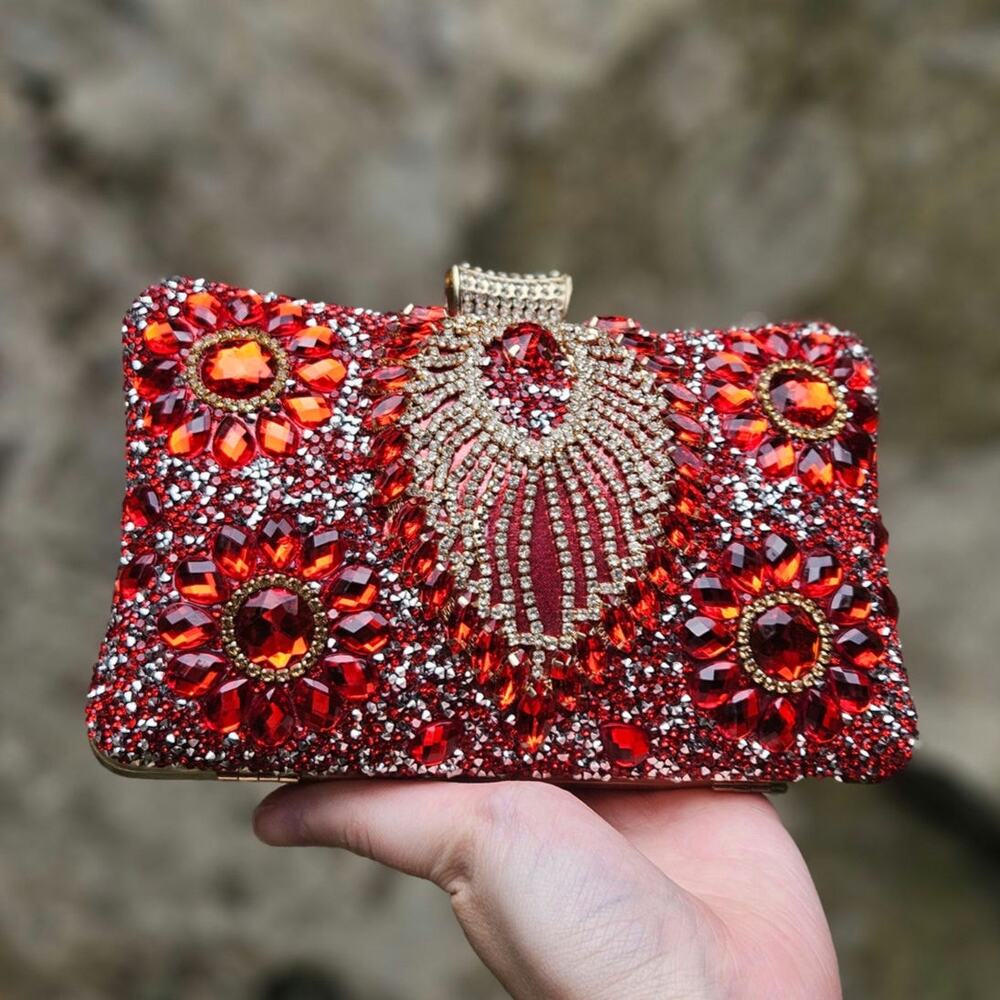 🎭 Boutique Red Rhinestone Encrusted Evening Bag Crystal Jewel Clutch Box Purse